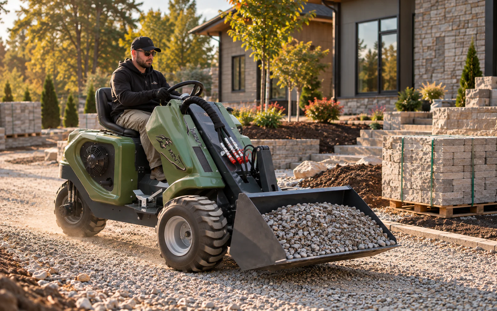 TYPHON MZVT transporting landscape aggregates across a finished jobsite