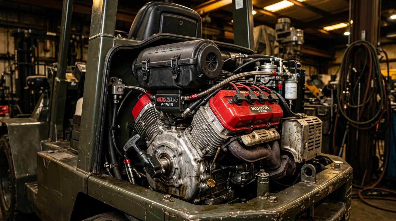 Detailed view of the Honda GX690 commercial engine bay on the TYPHON MZVT loader